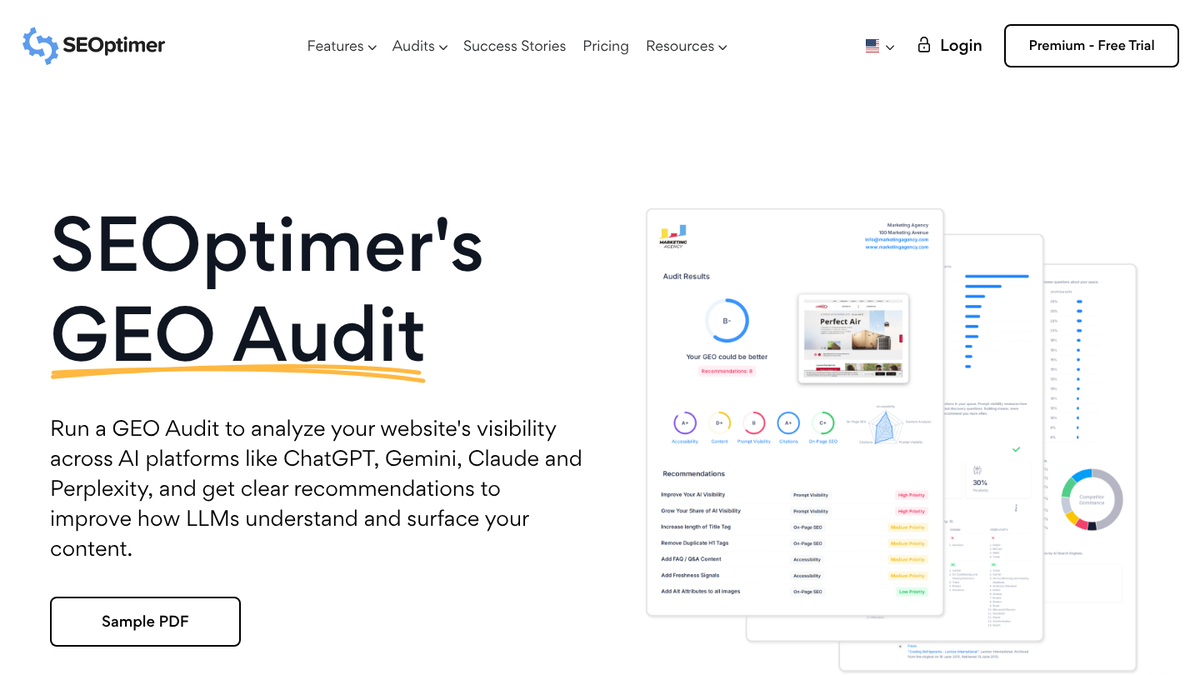 SEOptimer GEO Audit page describing visibility analysis across ChatGPT, Gemini, Claude and Perplexity, with a sample report showing sub-grades and a competitor share chart
