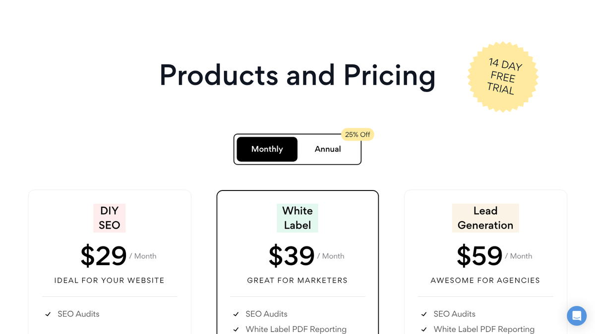 SEOptimer pricing page showing the DIY SEO plan at $29, White Label at $39 and Lead Generation at $59 a month, with a 14-day free trial badge