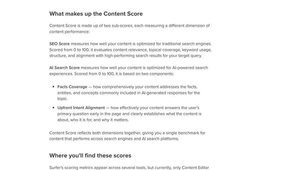 Surfer help article section titled What makes up the Content Score, describing the SEO Score and the AI Search Score with its two parts, Facts Coverage and Upfront Intent Alignment