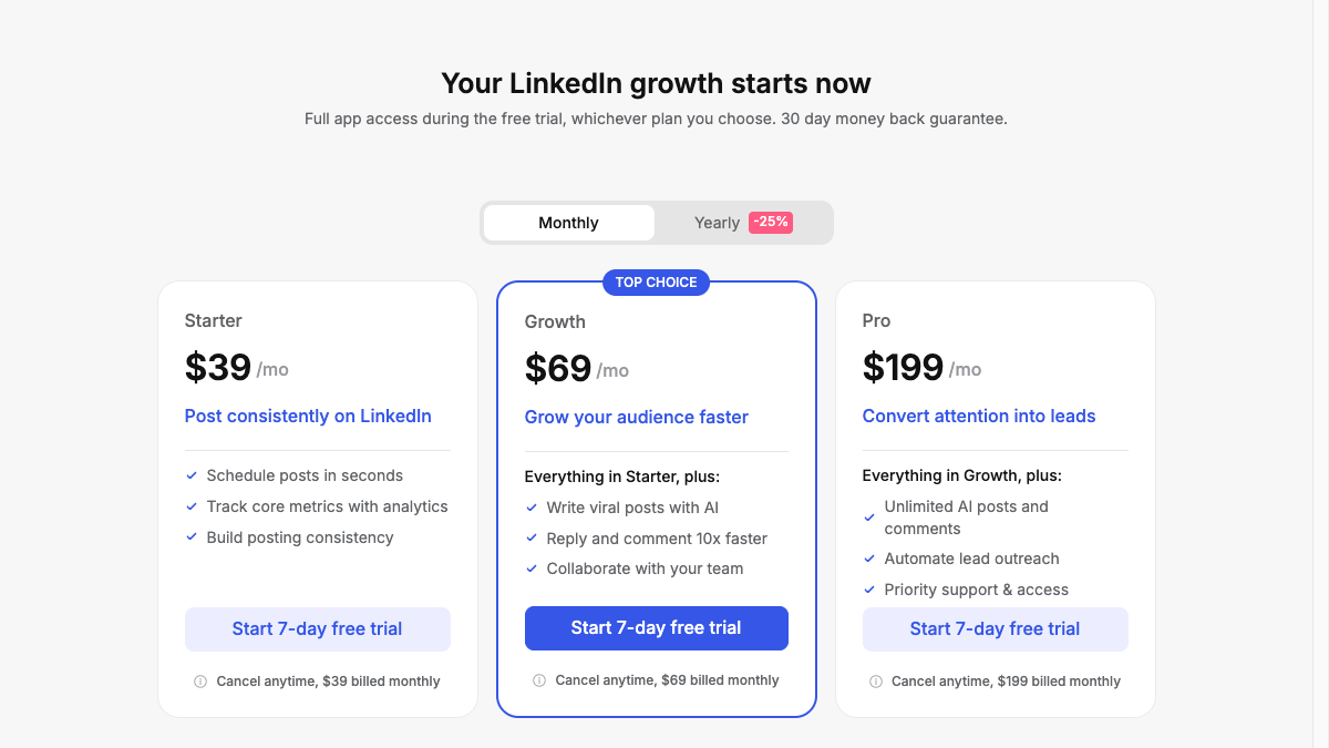 Taplio pricing page with Starter at $39, Growth at $69 and Pro at $199 per month, each with a 7-day free trial