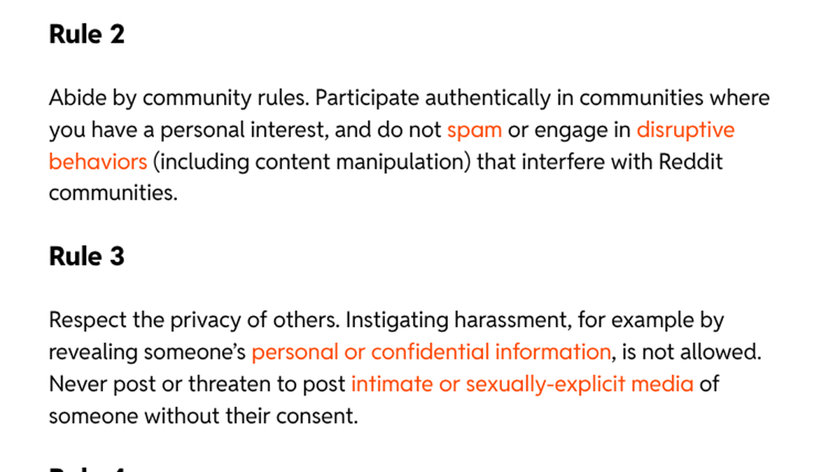 Reddit's sitewide Rule 2, which asks users to abide by community rules, participate authentically in communities where they have a personal interest, and not spam or engage in disruptive behaviors including content manipulation