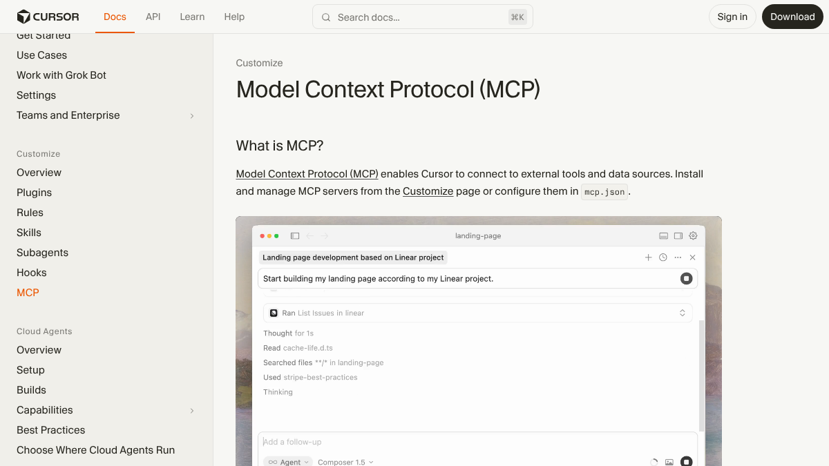 Cursor documentation page for the Model Context Protocol explaining how to install servers from the Customize page or configure them in mcp.json