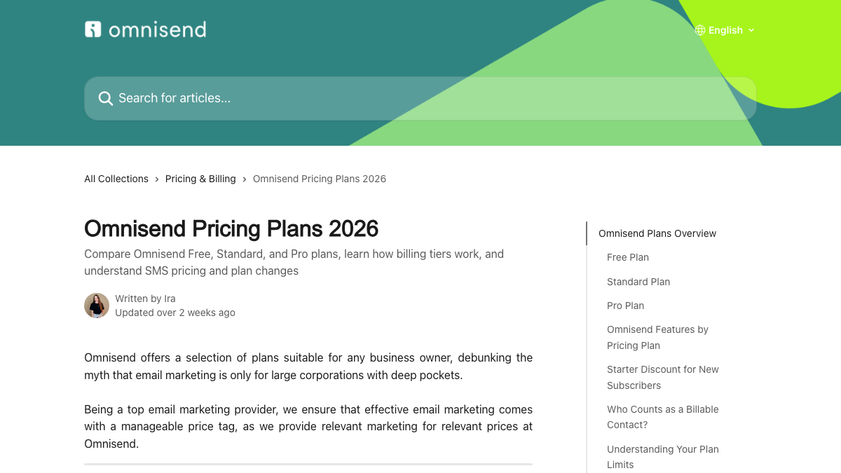 Omnisend help center article titled Omnisend Pricing Plans 2026, with an update date and a sidebar listing each plan and billing questions