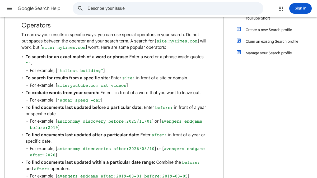 Google Search Help page listing operators for exact match with quotes, site:, excluding words with a minus sign, before:, after: and date ranges