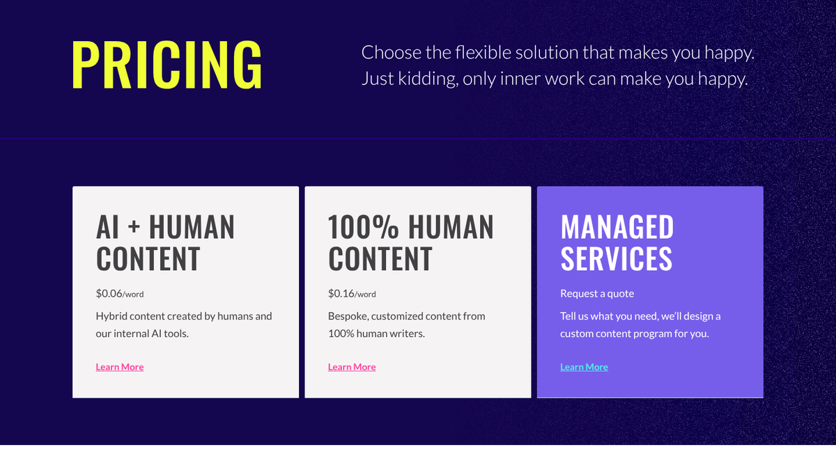 Verblio pricing page showing AI plus human content at $0.06 a word, 100% human content at $0.16 a word, and managed services by quote