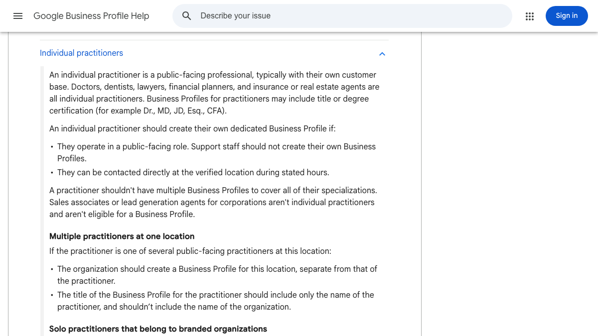 Google Business Profile help page section on individual practitioners, naming doctors, dentists and lawyers and explaining that a practice with several public-facing practitioners gets its own profile while each practitioner's profile uses only their name