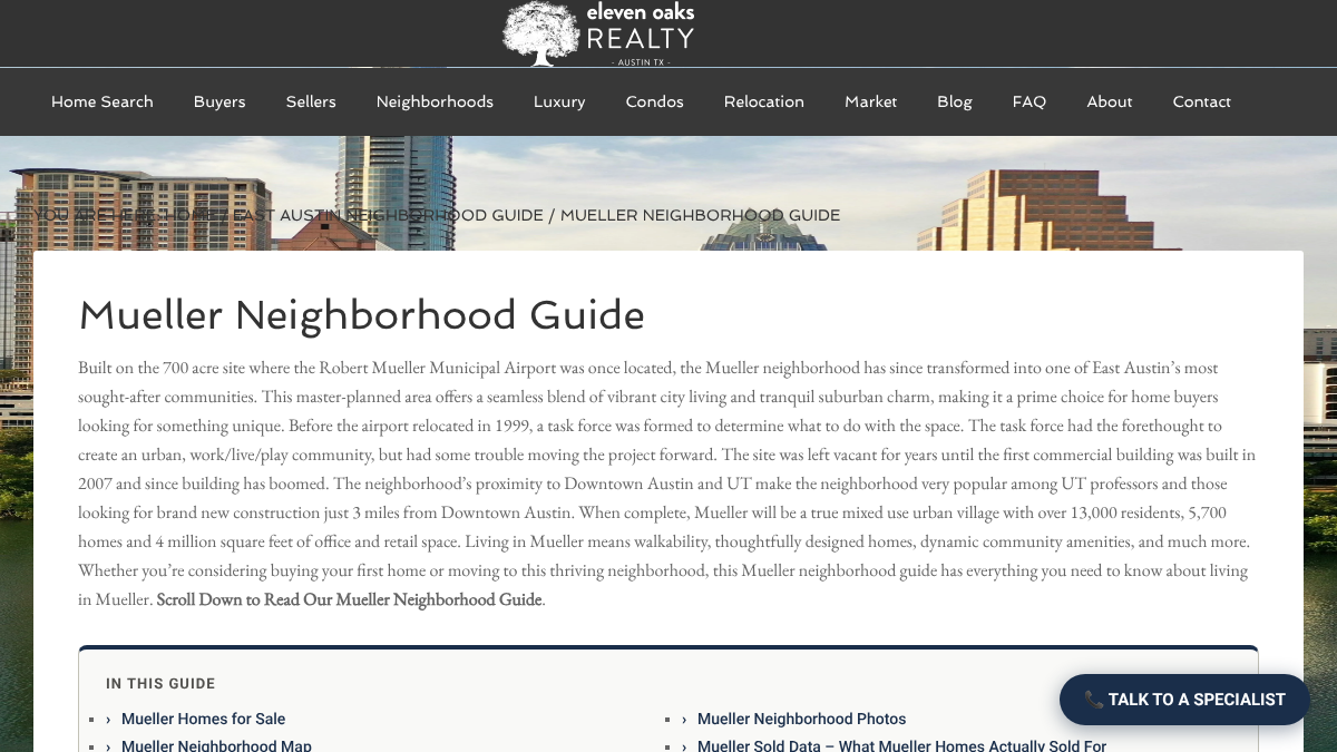 Eleven Oaks Realty Mueller Neighborhood Guide page explaining that Mueller was built on the 700-acre site of Austin's old municipal airport, with a guide menu linking to homes for sale, a neighborhood map, photos and sold data