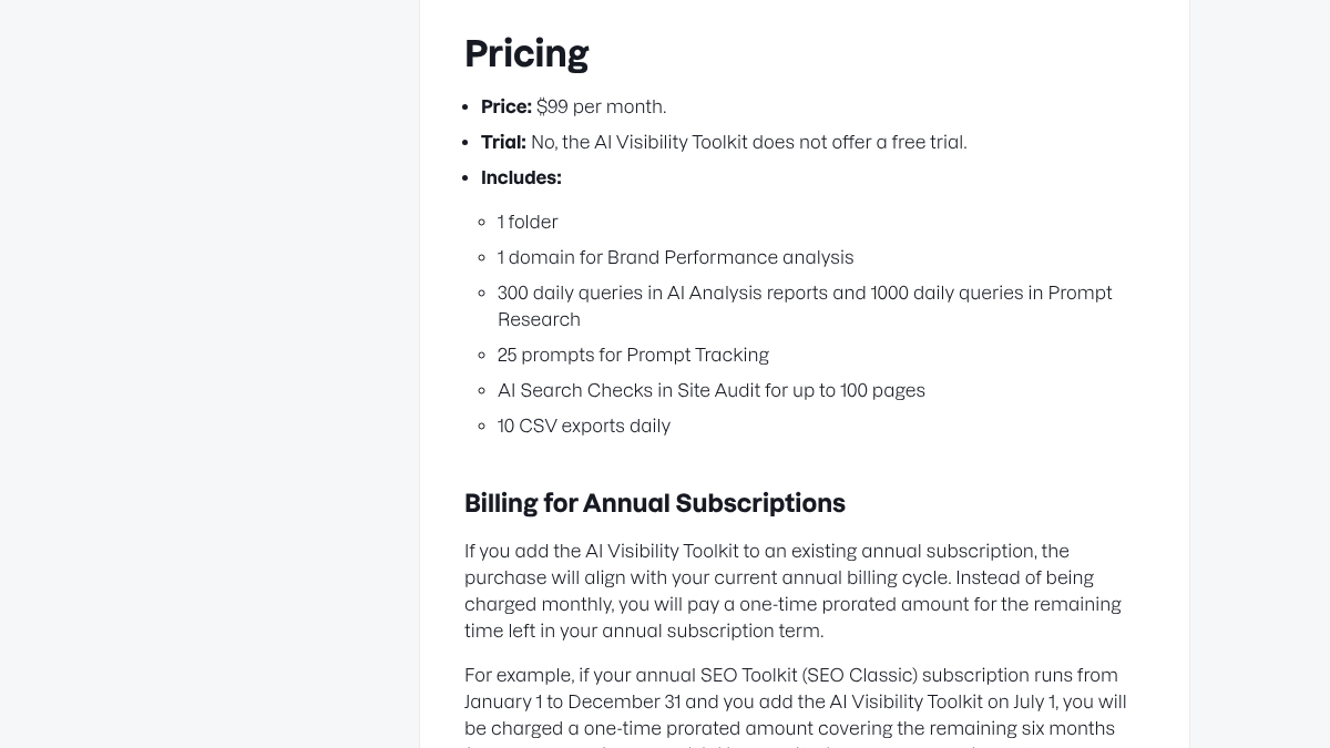 Semrush AI Visibility Toolkit pricing in the knowledge base, showing the $99 monthly price and 25 prompts for prompt tracking