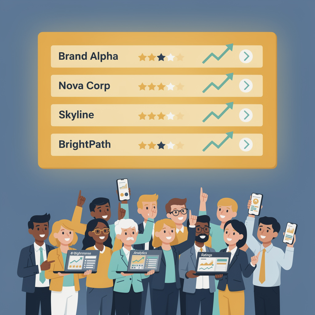 Group of characters gathered around a central glowing dashboard with rising metrics
