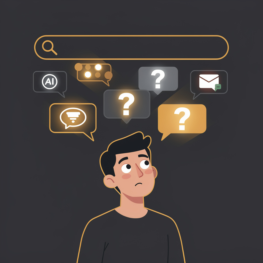 Person with magnifying glass peering into a speech bubble with question mark