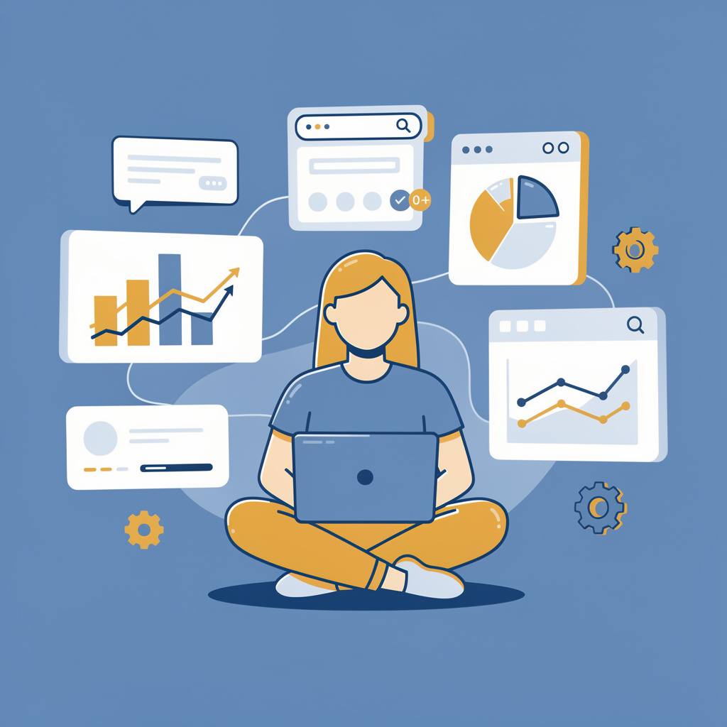 Woman with laptop surrounded by floating dashboard cards with charts and search bars