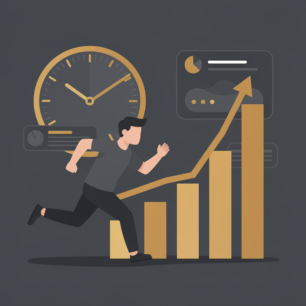 Person sprinting toward rising bar chart with clock in background