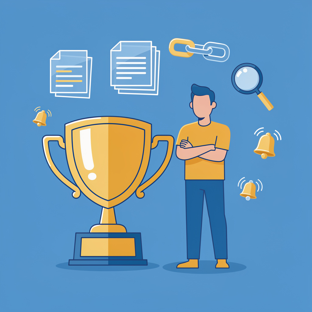 Confident person with trophy surrounded by content pages, backlink chains, search and notification icons