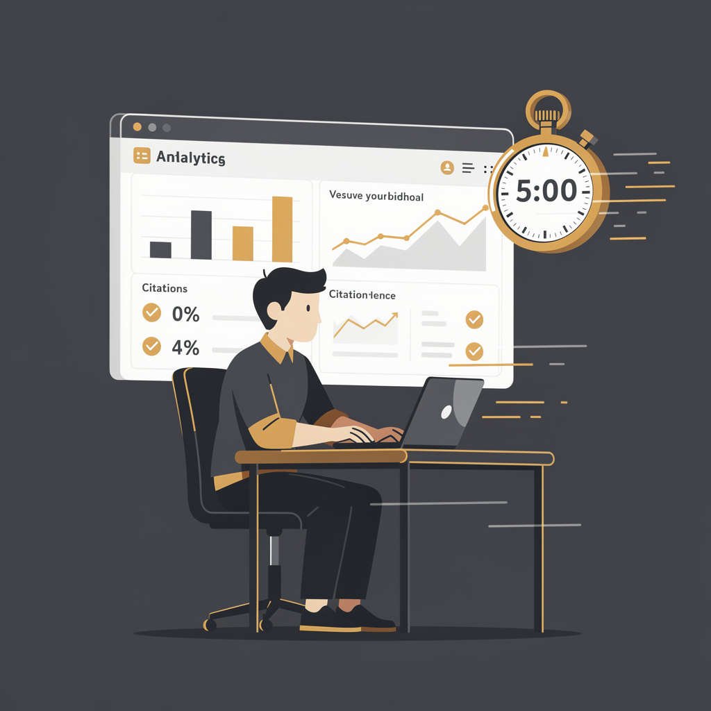 Person at laptop with stopwatch showing 5 minutes and analytics dashboard appearing instantly