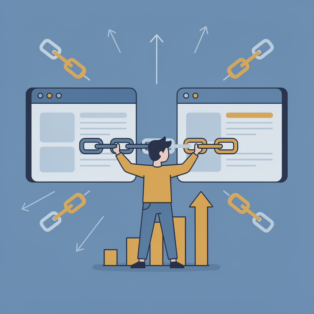 Person connecting chain links between two browser windows with rising domain authority chart
