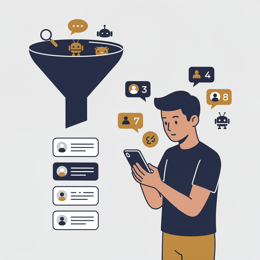 Person with phone receiving lead notifications from AI search funnel