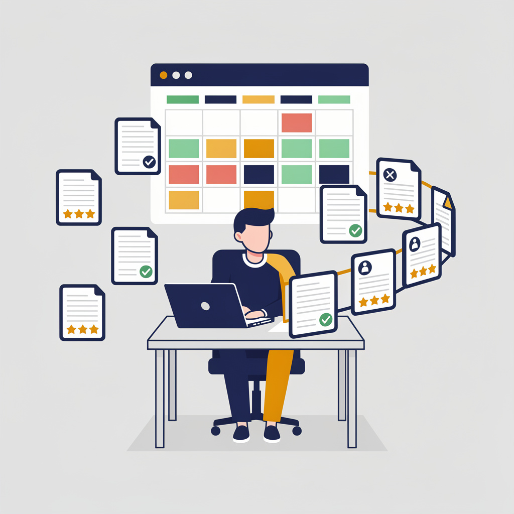 Person at desk with content pages flying out of laptop and content calendar board