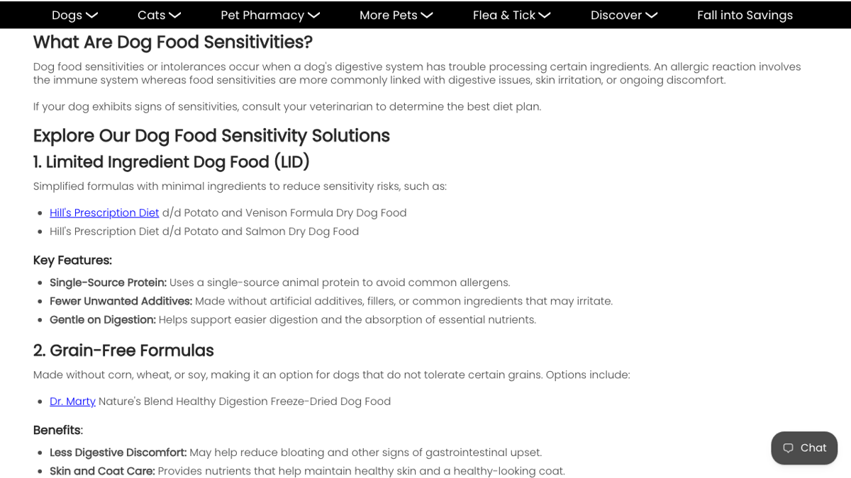 HardyPaw sensitive stomach dog food collection page section headed What Are Dog Food Sensitivities?, followed by Explore Our Dog Food Sensitivity Solutions with limited ingredient and grain-free formulas, key features and benefits