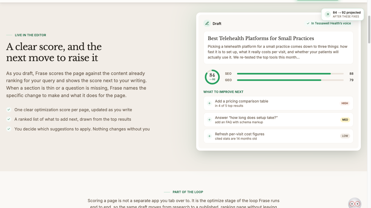 Frase editor score card with separate SEO and GEO scores and a ranked list of fixes
