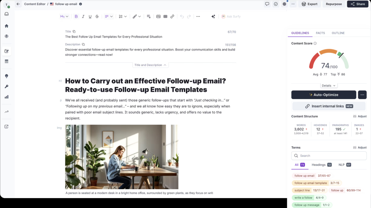 Surfer Content Editor with a live Content Score gauge, an Auto-Optimize button and keyword term targets