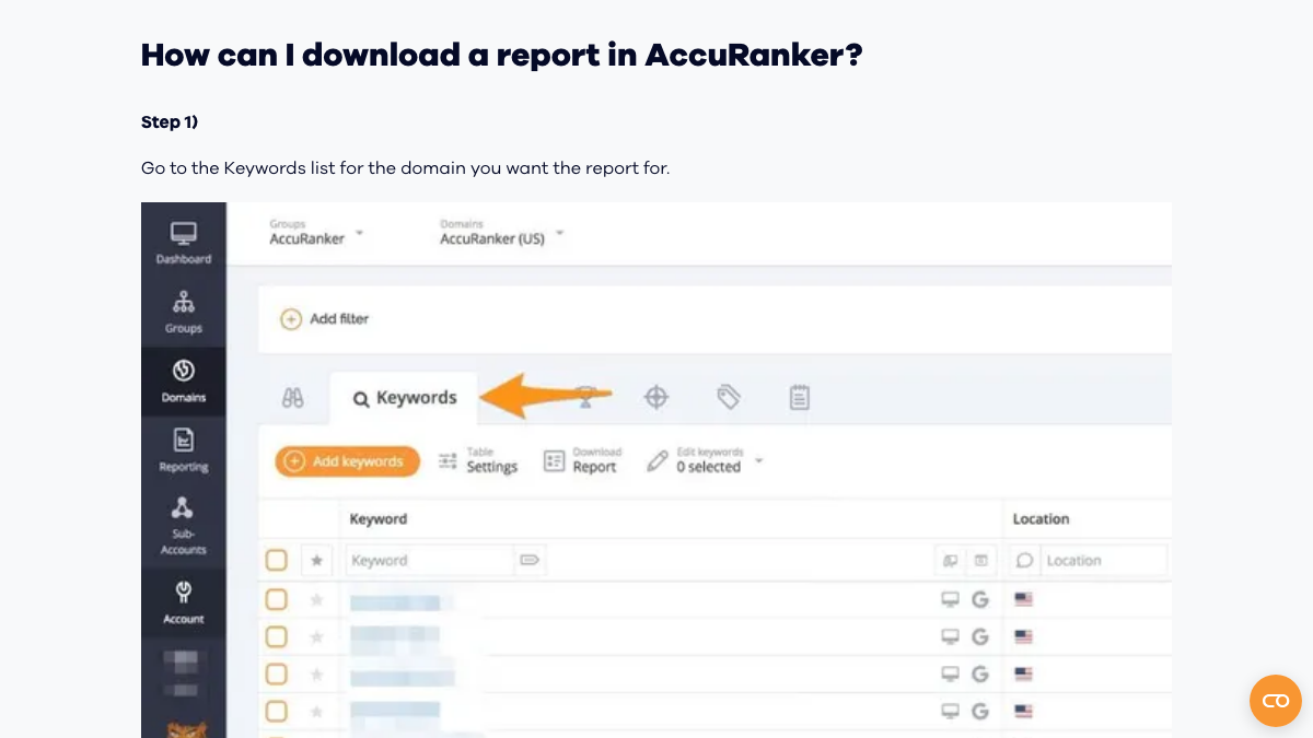 AccuRanker help doc titled How can I download a report in AccuRanker, showing step 1: go to the Keywords list for the domain, with the Download Report button in the keyword toolbar