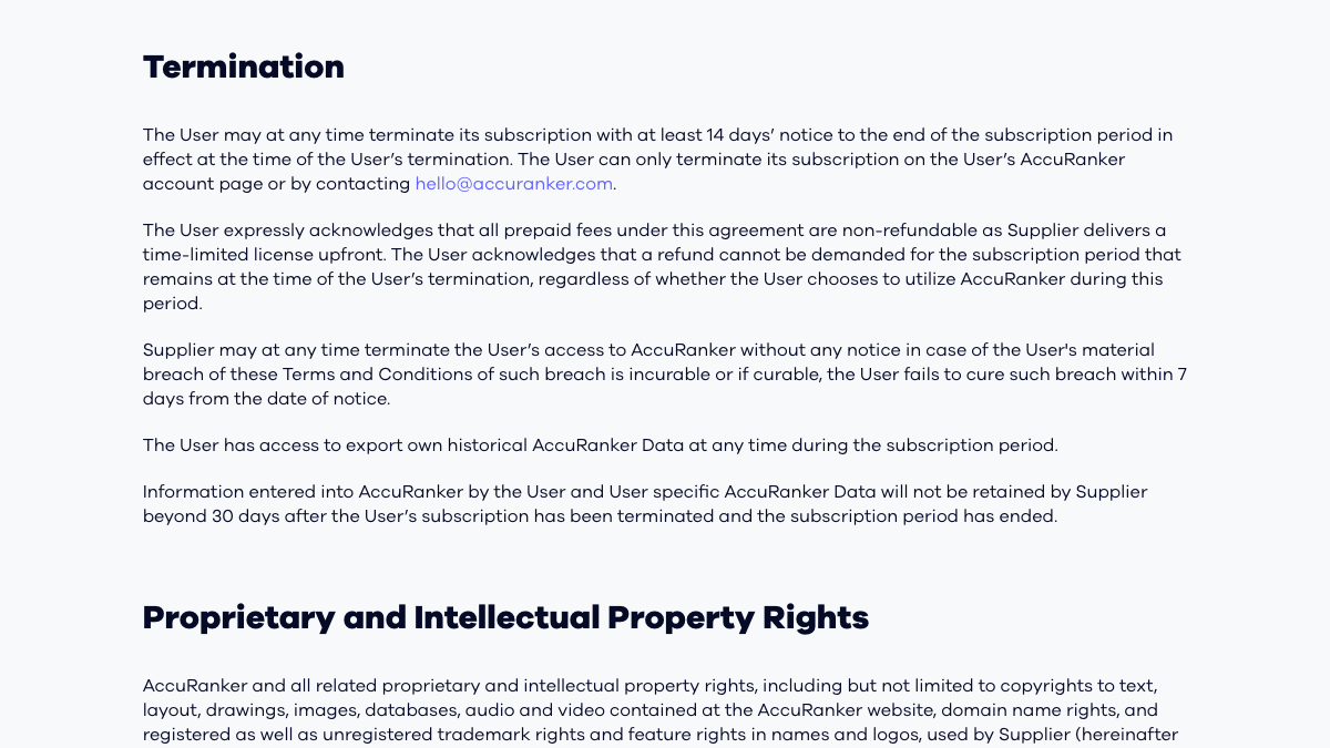 AccuRanker terms of service termination section requiring at least 14 days' notice before the end of the subscription period, stating prepaid fees are non-refundable, and that user data is not retained beyond 30 days after the subscription ends