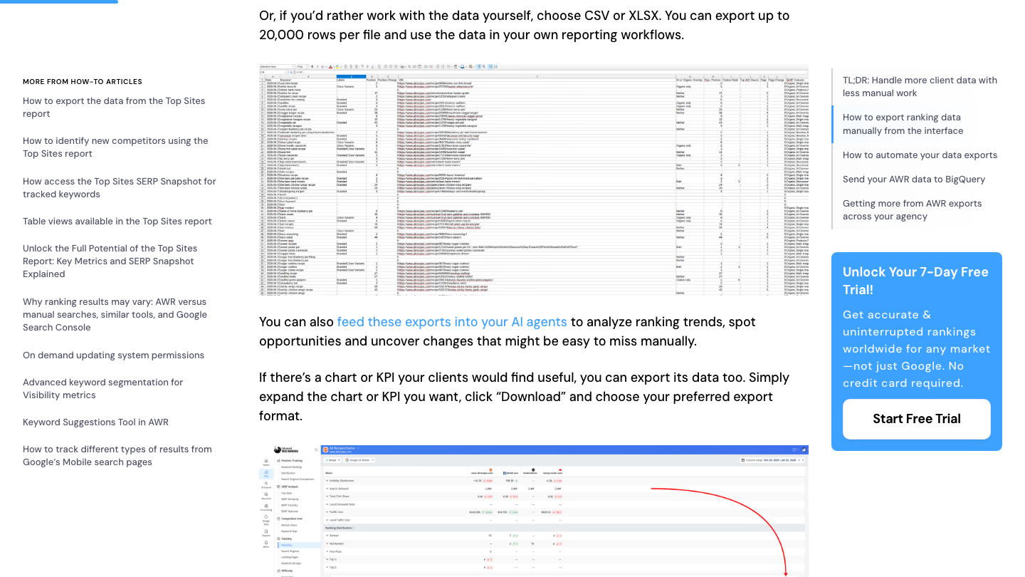 Advanced Web Ranking help article explaining that CSV or XLSX exports allow up to 20,000 rows per file, with a sample spreadsheet of exported ranking data