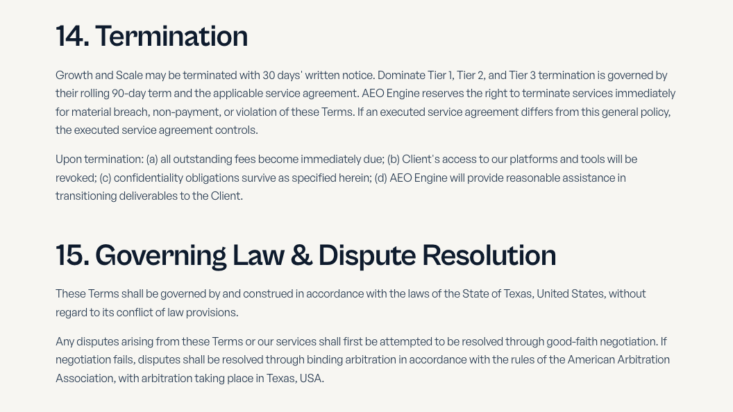 AEO Engine terms section 14 on termination, requiring 30 days' written notice for Growth and Scale and revoking platform access on termination