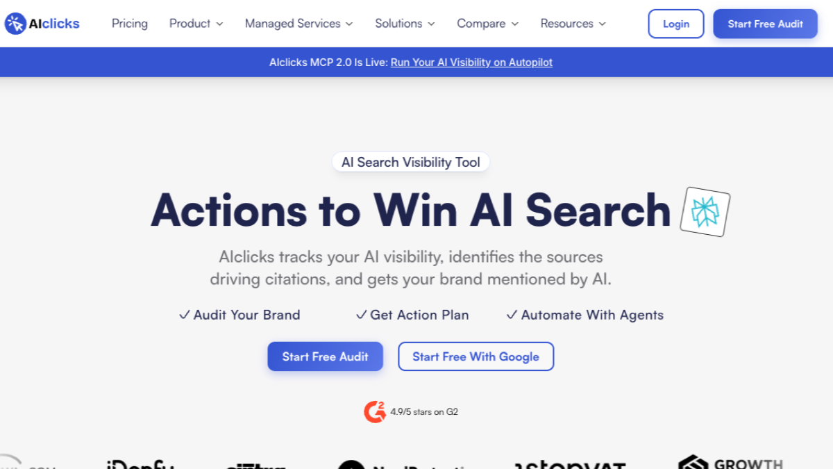 AIclicks homepage describing an AI search visibility tool that tracks visibility, identifies citation sources, and recommends actions