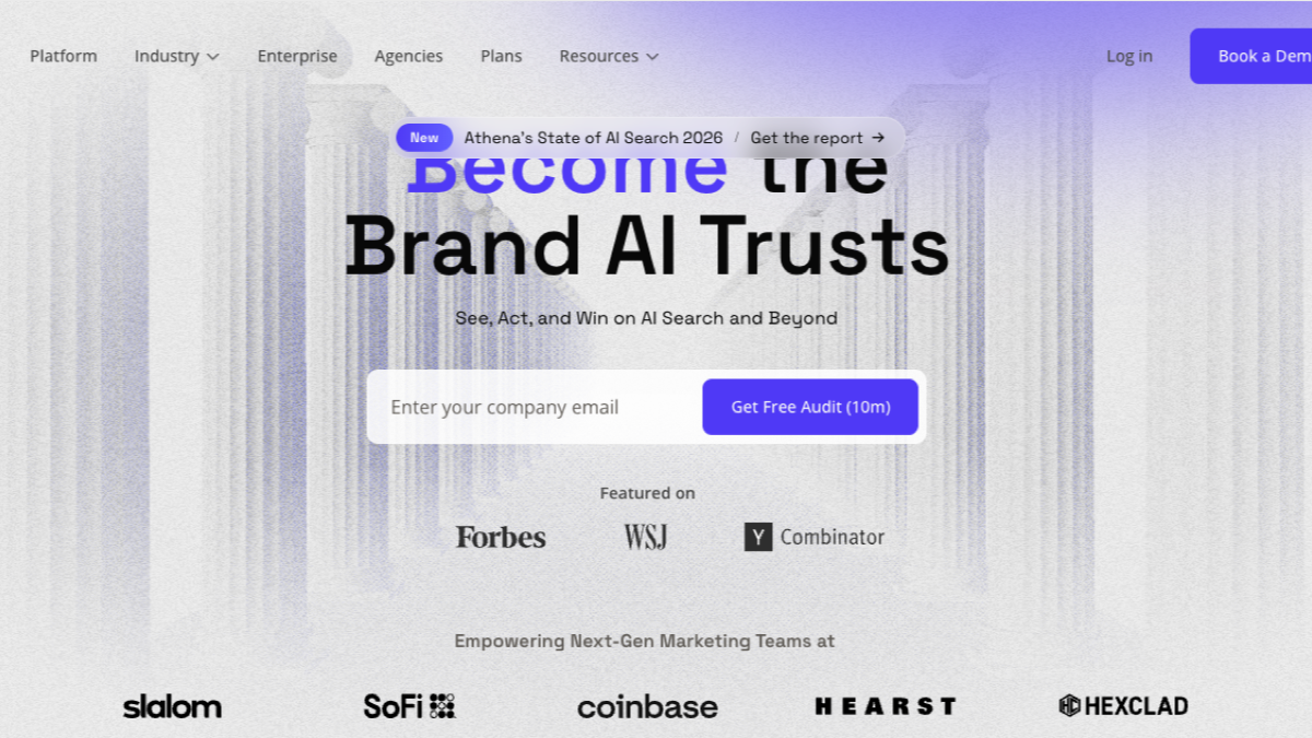 AthenaHQ homepage with the Become the Brand AI Trusts headline, free audit form, and Forbes, WSJ, and Y Combinator features