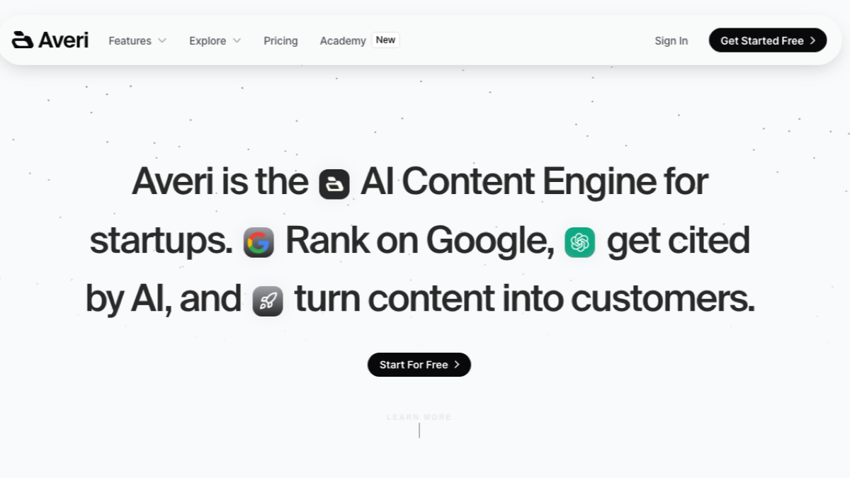 Averi homepage describing itself as the AI content engine for startups that ranks on Google and gets cited by AI