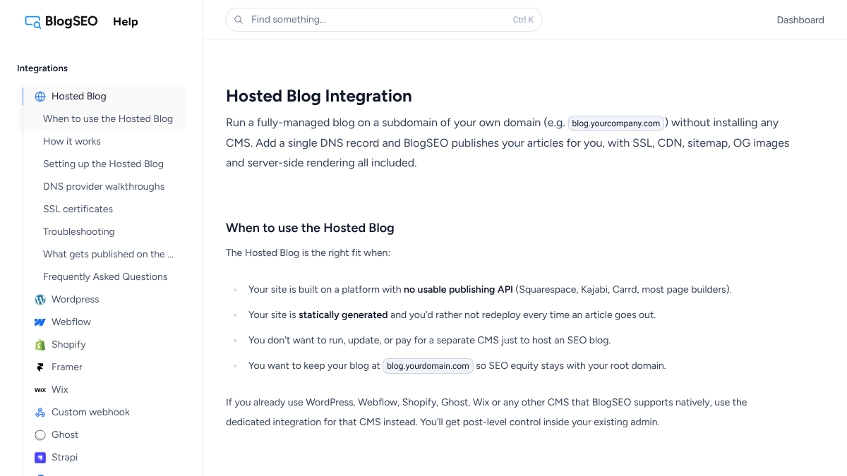 BlogSEO docs page for the Hosted Blog integration, which runs a managed blog on a subdomain of your own domain without a CMS