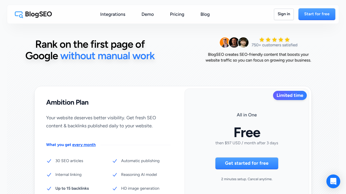 BlogSEO pricing section showing the Ambition Plan with 30 SEO articles, internal linking and up to 15 backlinks a month, free for 3 days then $97 a month