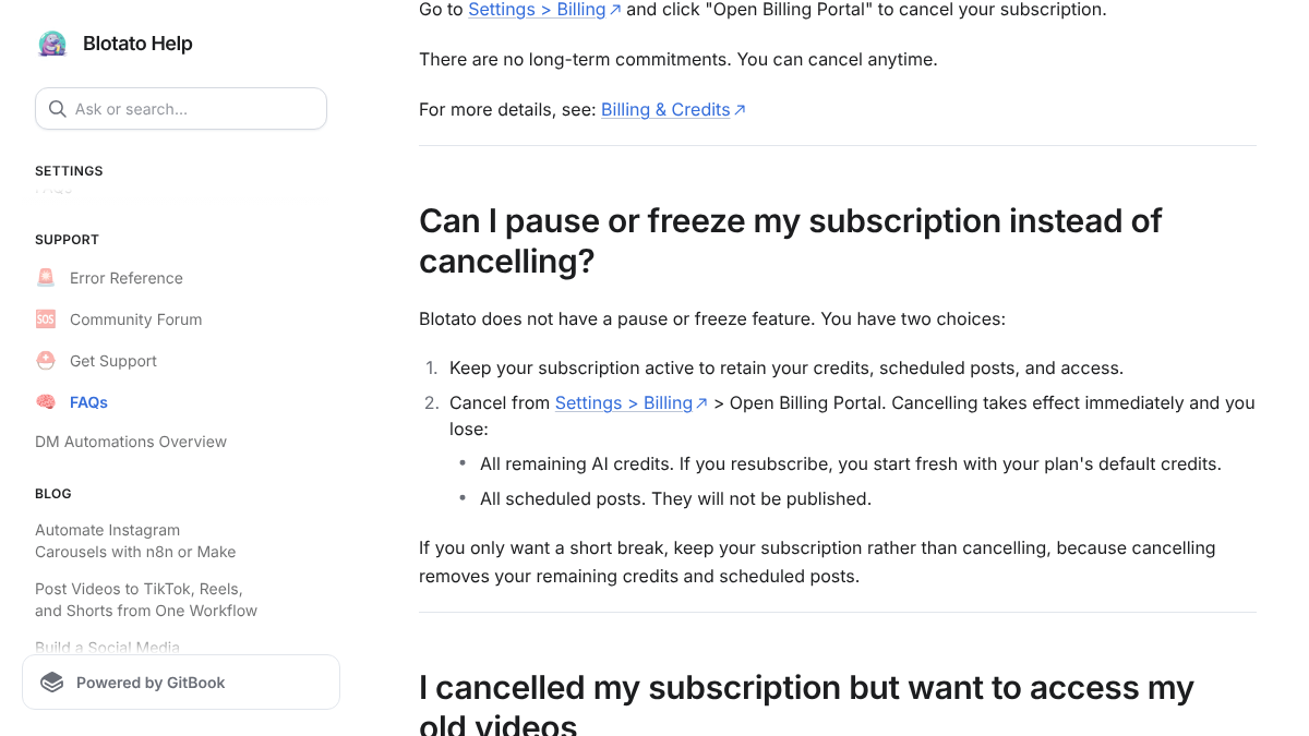 Blotato help center FAQ explaining there is no pause or freeze feature and that cancelling immediately removes remaining AI credits and scheduled posts