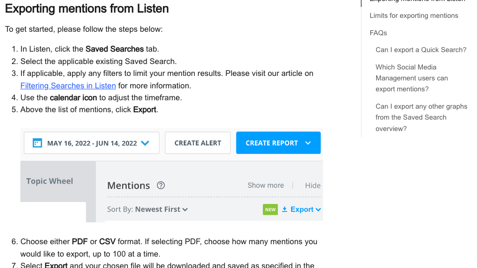 Brandwatch help article on exporting mentions from Listen, showing the Saved Search toolbar and the Export menu above the Mentions list