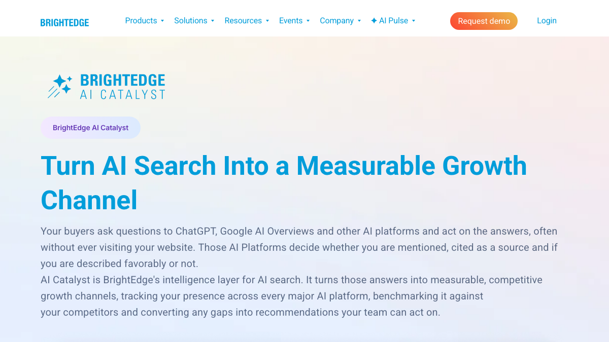 BrightEdge AI Catalyst page headline, Turn AI Search Into a Measurable Growth Channel, naming ChatGPT and Google AI Overviews