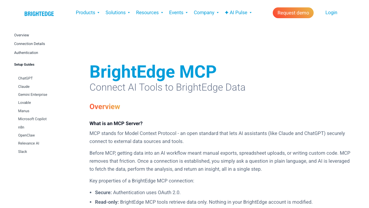 BrightEdge MCP documentation page explaining that the MCP server connects AI tools like Claude and ChatGPT to BrightEdge data, with read-only access and OAuth 2.0 authentication