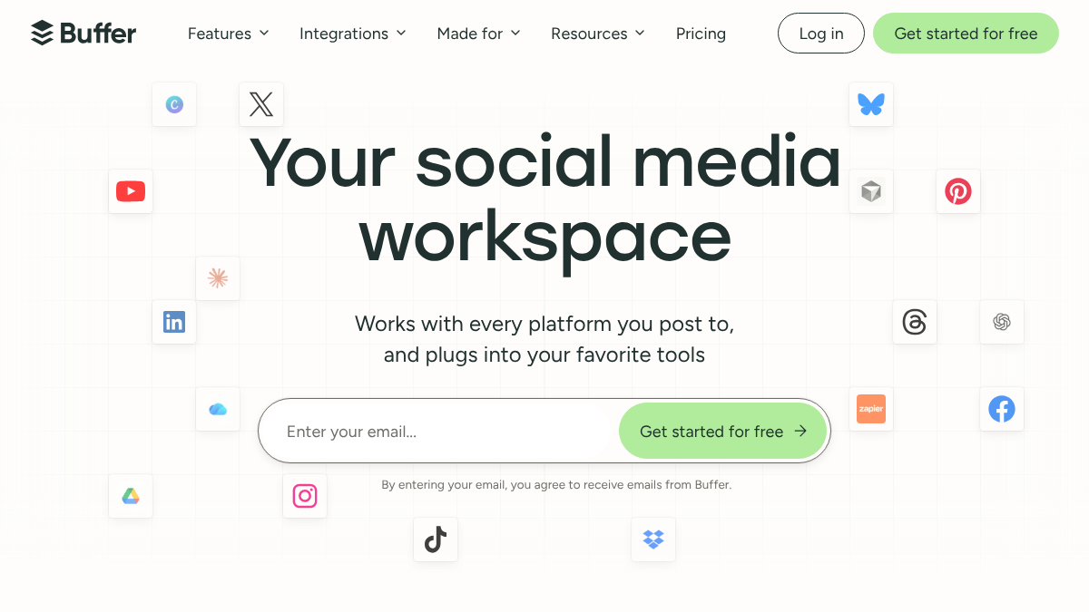 Buffer homepage with the headline Your social media workspace, surrounded by platform icons and an email signup field