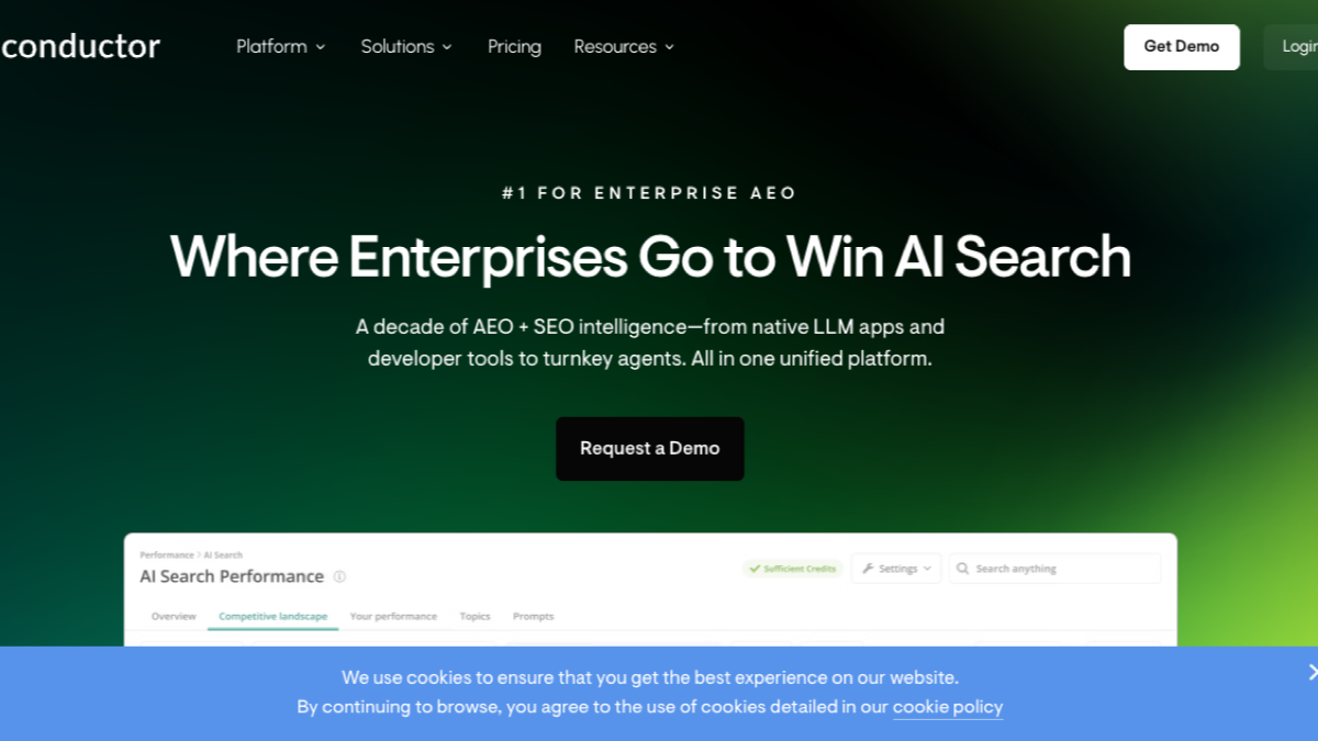 Conductor homepage positioning the platform as number one for enterprise AEO, where enterprises go to win AI search