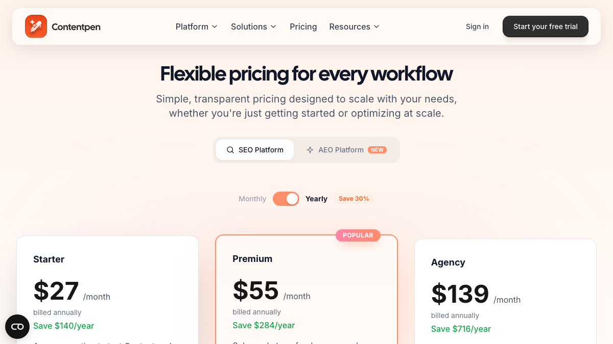 Contentpen pricing page for the SEO Platform with Starter at $27, Premium at $55 and Agency at $139 a month billed annually, and a toggle for the new AEO Platform