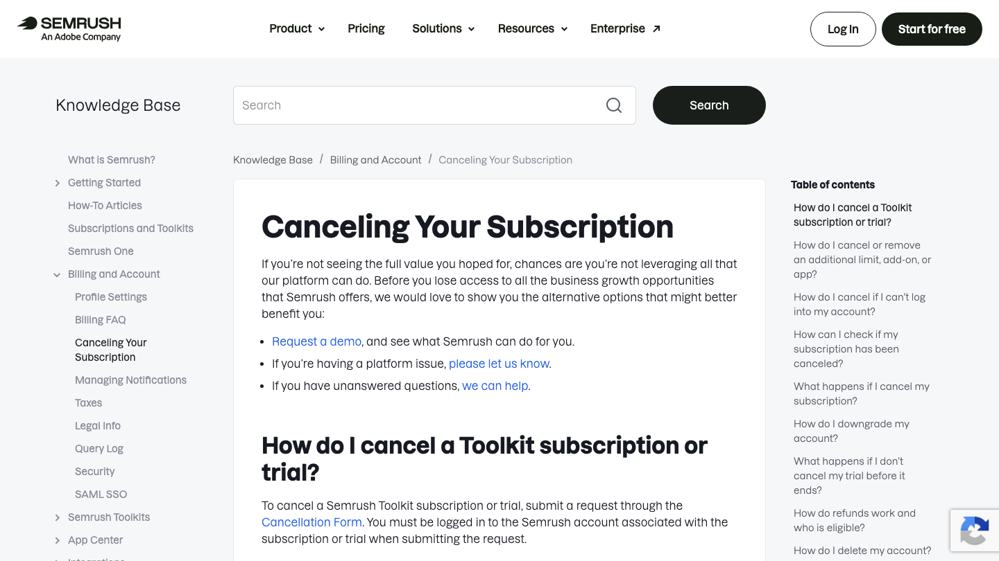 Semrush help center article on canceling a subscription, explaining that toolkit subscriptions and trials are cancelled through the Cancellation Form
