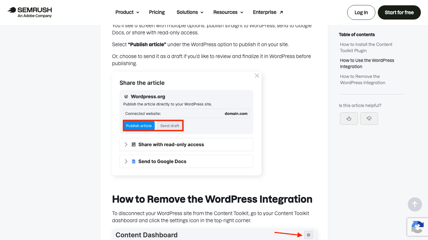 Semrush Content Toolkit share dialog with options to publish an article to WordPress, share with read-only access or send to Google Docs