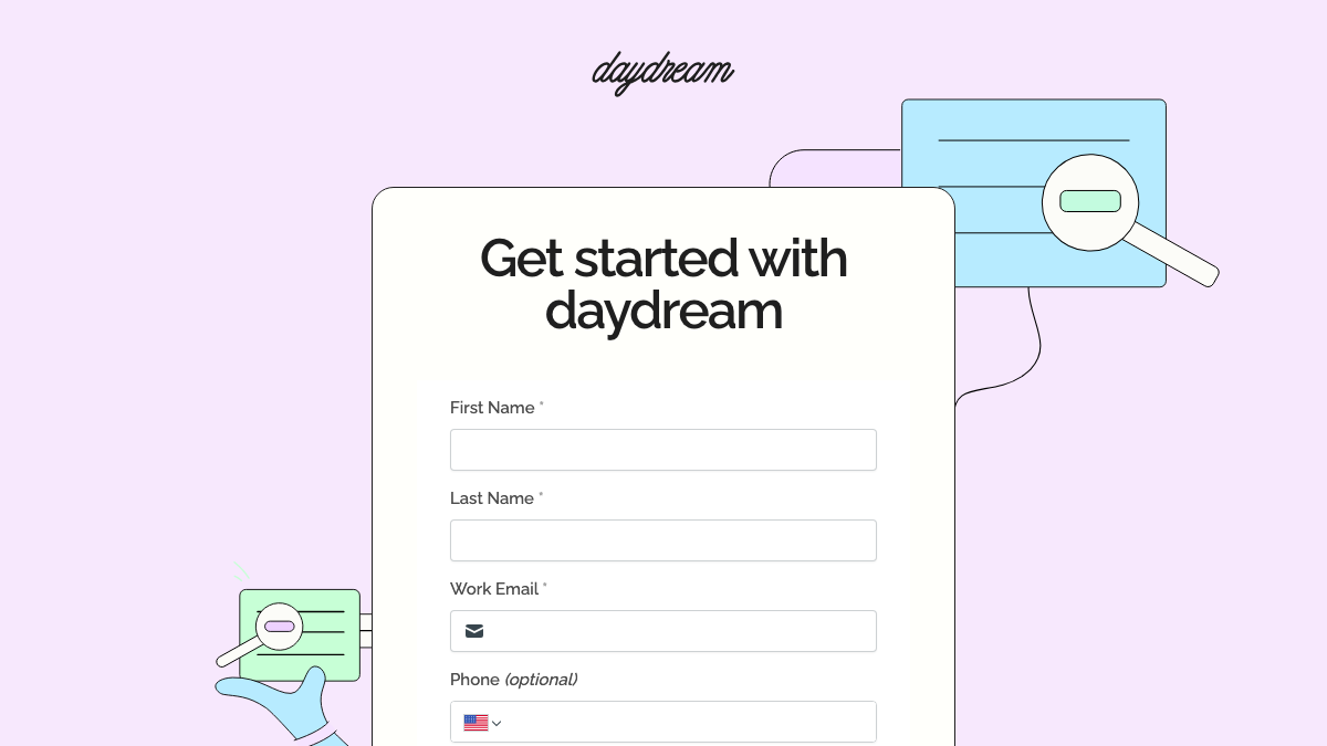 Daydream's pricing link opens a Get started with daydream form asking for name, work email and phone, with no prices shown