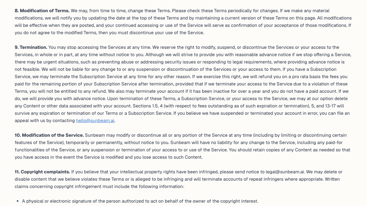 sunbeam's terms of service, sections 8 to 11, including termination and a line telling users to retain copies of any content