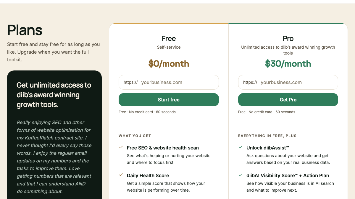 Diib pricing page showing a Free self-service plan at $0 a month and Pro at $30 a month, with Pro adding diibAssist and the diibAI Visibility Score with an action plan