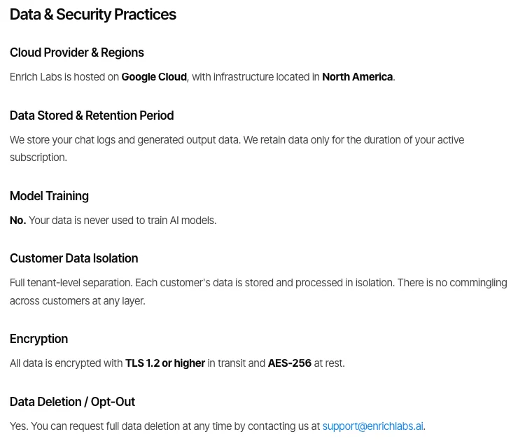 Enrich Labs privacy page data and security practices, saying chat logs and generated output are kept only for the duration of an active subscription, with deletion available on request