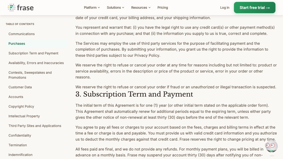 Frase Terms of Service section on subscription term and payment, including the clause that all fees paid are final and no refunds are provided