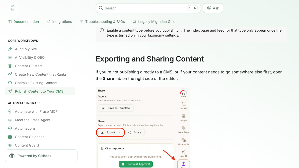Frase docs section on exporting and sharing content, with the Share panel that exports an article as HTML, PDF, Markdown or plain text