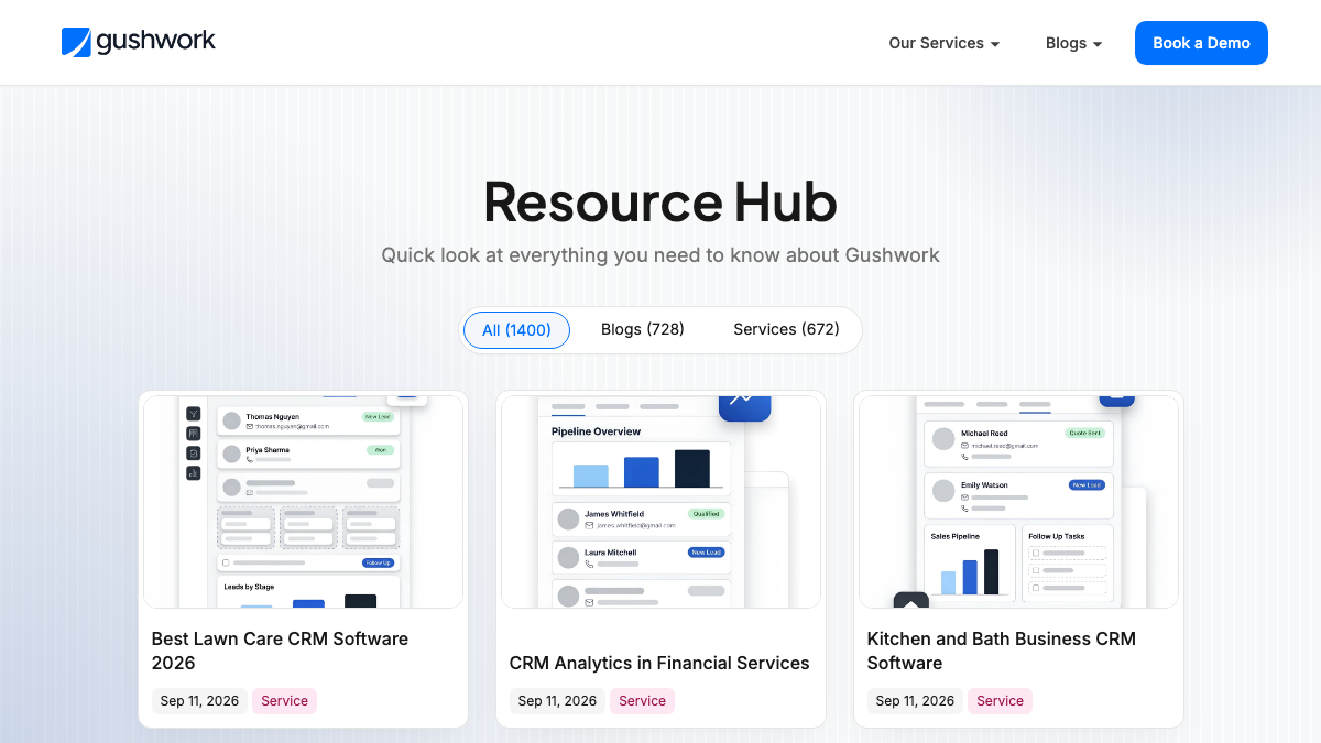 Gushwork's own AI Feed resource hub at its /feeds address, listing 1,400 pages split into blogs and services