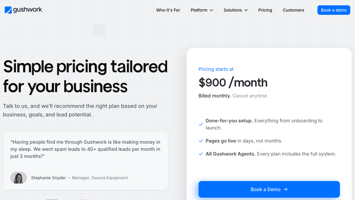 Gushwork pricing page showing a price from $900 a month, billed monthly, with a book a demo button